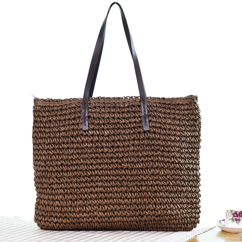 Handmade Knitted Straw Beach Bags Women
